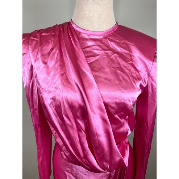 Bronx and Banco Nadine Long Sleeve Draped Ruched Feather Pink Mini Dress Sz M - Picture 5 of 11